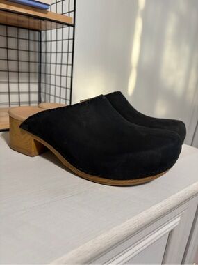 Dansko Black Suede Mule Clogs with Wood-Tone Heel